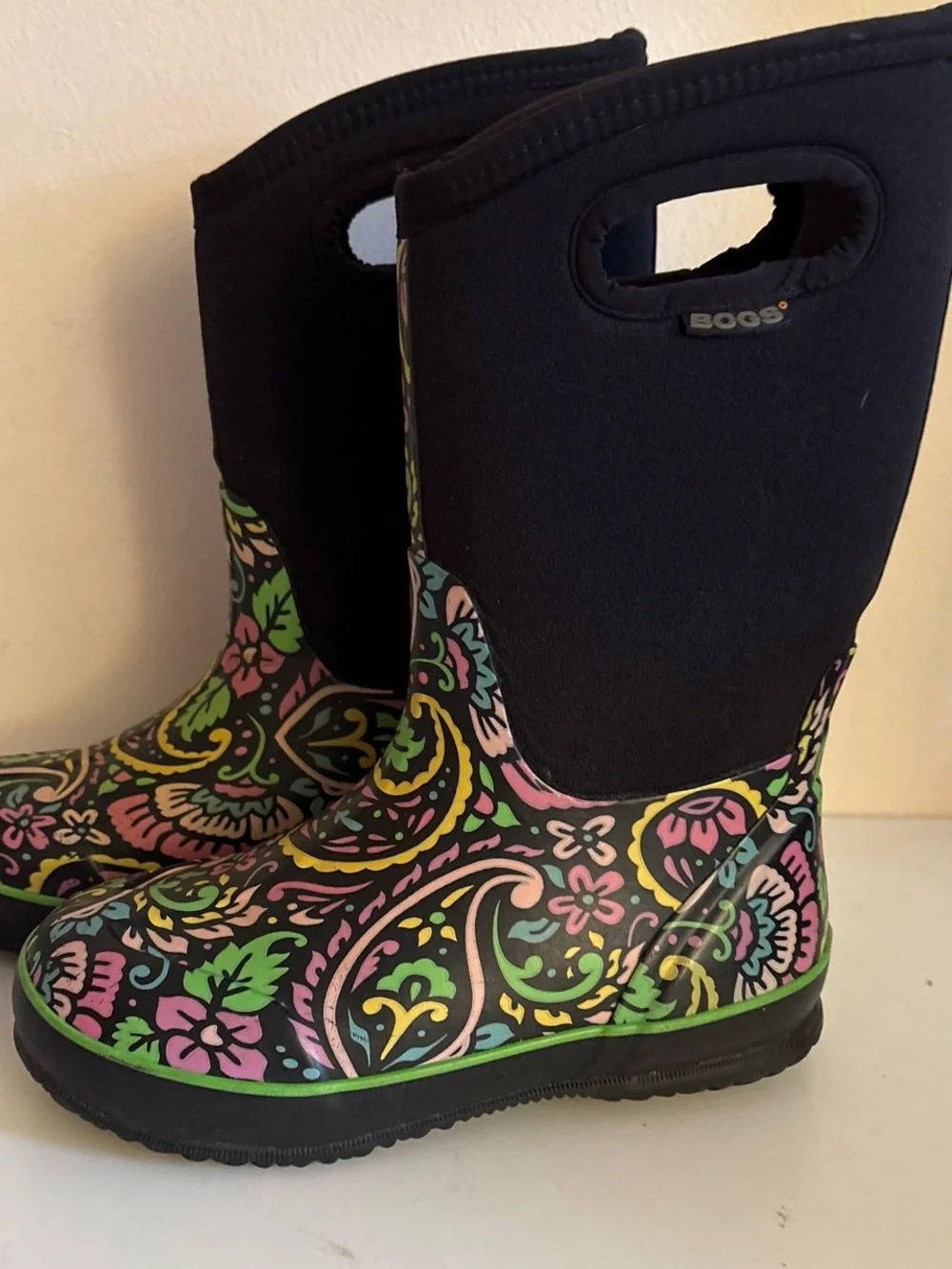 Bogs Kids' Floral Paisley Black Neoprene Rain Boots 3 us 35 Europe